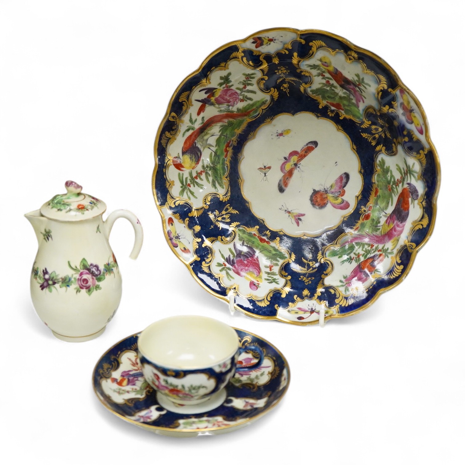 A Worcester scale blue dish - 25cm diameter, a similar cup and saucer and a covered jug, c.1770-80